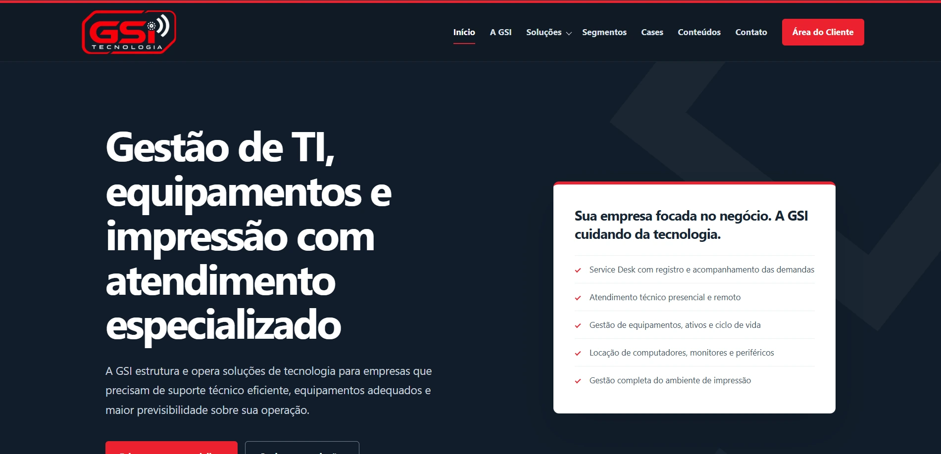 Captura de tela do site GSI Tecnologia da Informação